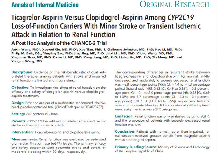 《Annals of Internal Medicine》Rihancaolaosaobishipin肾功能对急性缺血性脑血管病患者不同双抗治疗策略的疗效与安全性影响